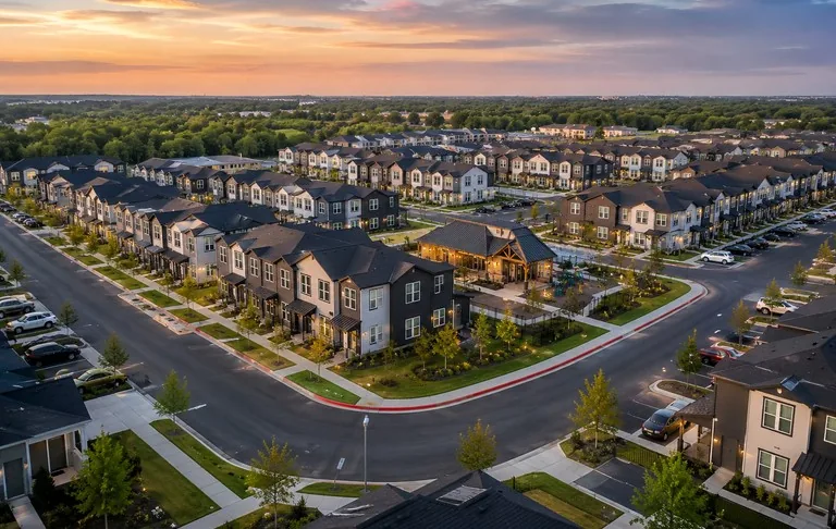 Aerial view of a professionally managed residential community at sunset
