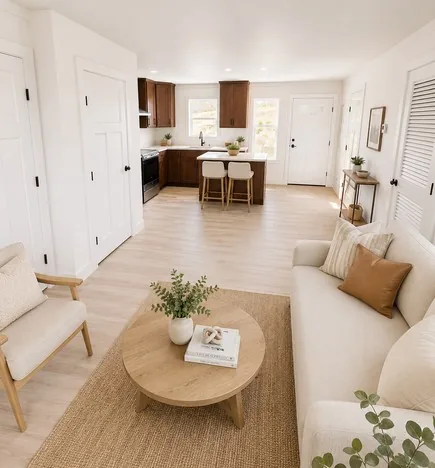 Open living room and kitchen in a furnished corporate home