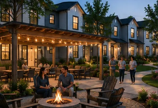 Residents gathered around an outdoor fire pit at an Asvalo community in the evening