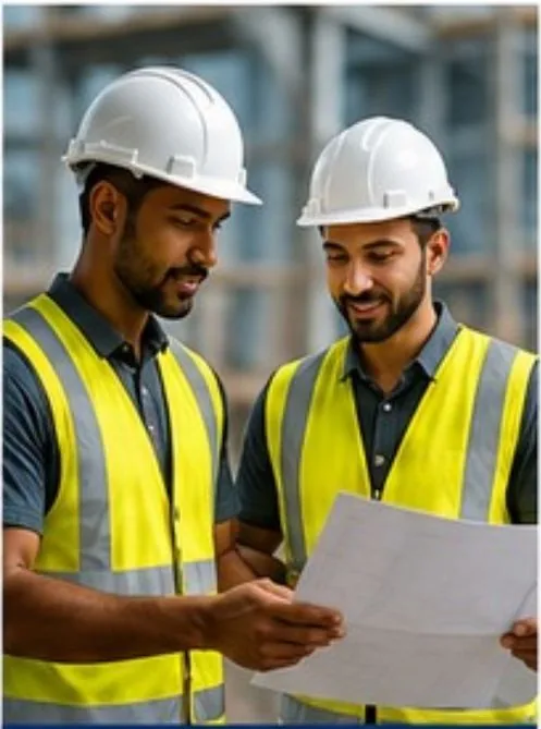 Construction workers reviewing plans on site