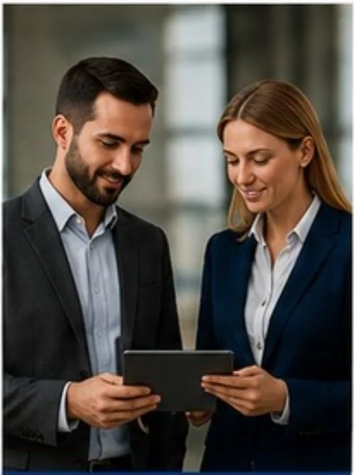 Business professionals reviewing details on a tablet
