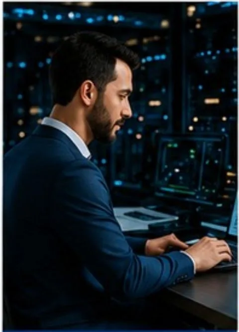Data center employee working at a monitoring station